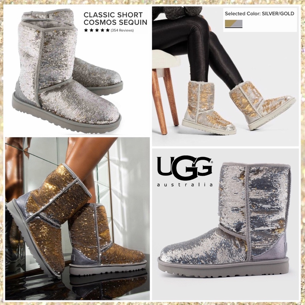 UGG Classic Short Cosmo Sequin Silver & Gold Boots - Picture 13 of 13